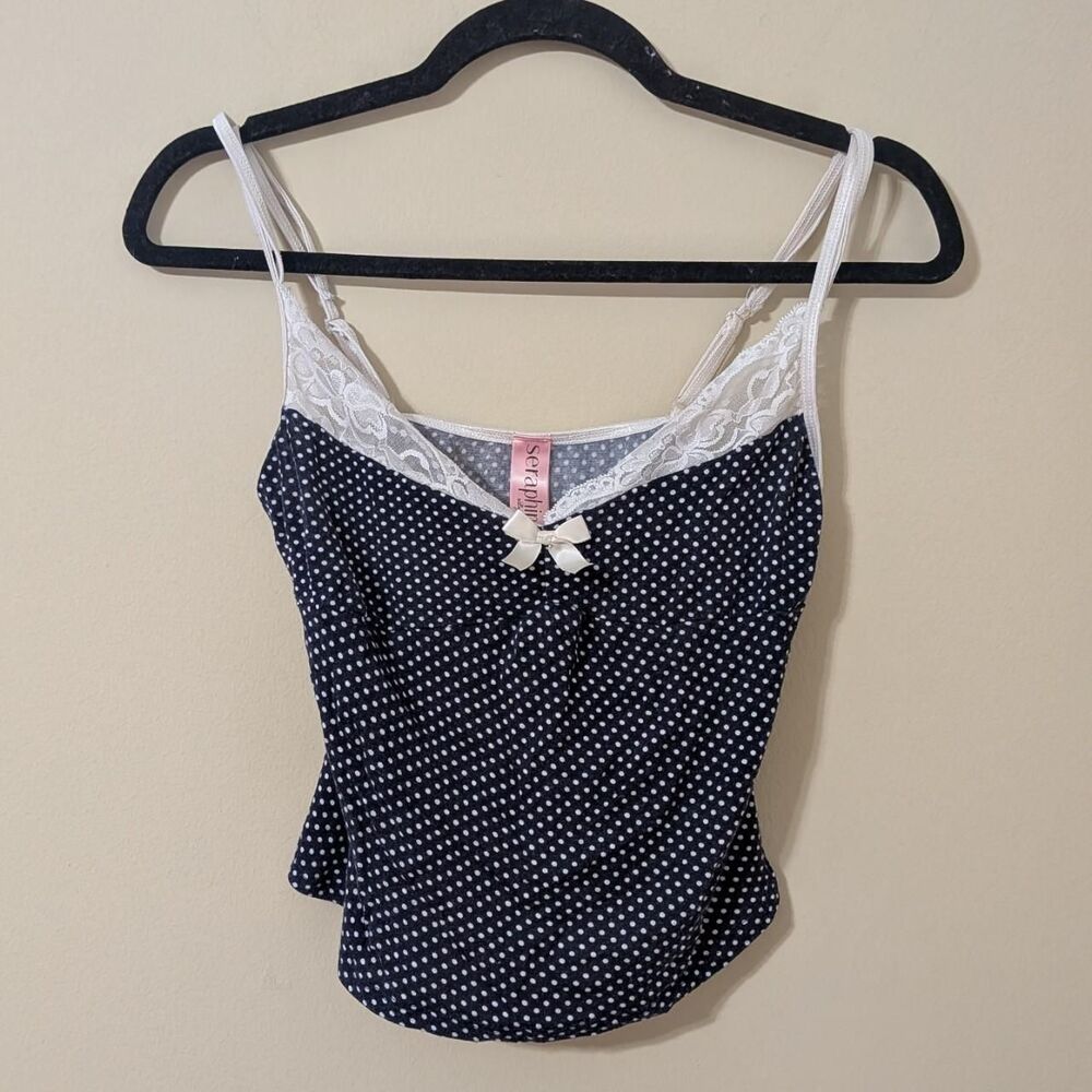 Coquette Navy Blue Polka Dot Tank Top Lace Trim Cream Bow